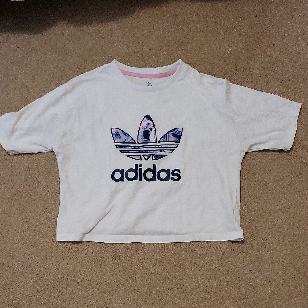 Adidas Kids Cropped White Tee with Floral Logo